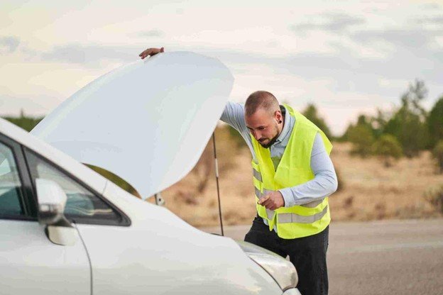 Roadside assistance worker checking a car engine with the hood raised on a rural roadway